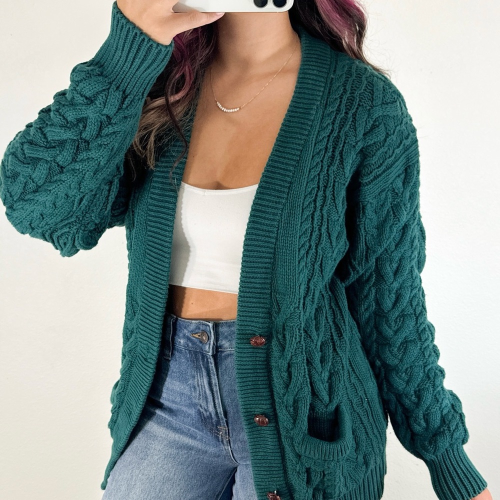 Turquoise green chunky cable knit cardigan sweater - Picture 2 of 3